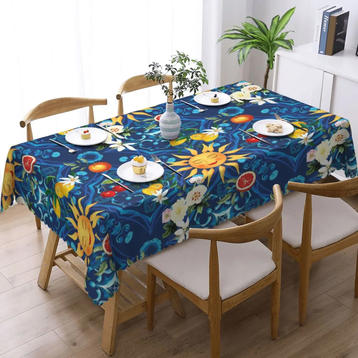 Sicilian Tiles,sun,mediterranean Art,lemon Rectangular Oilproof Tablecloth Table Cover for Dining Events Table Cloth