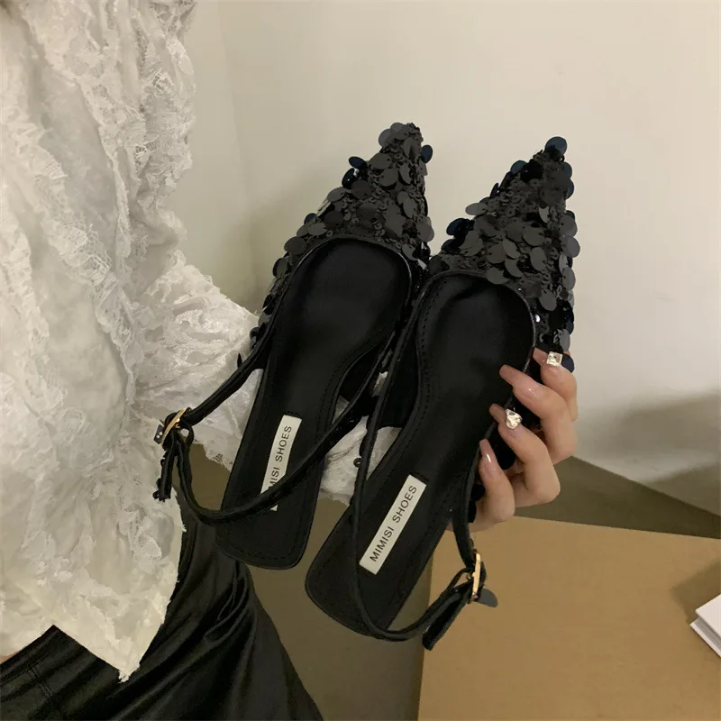 2024 New Pointed Sequin High Heels French Niche Single Shoes with A Toe Wrap Fairy Sandals for External Wear Sandalias De Tacón