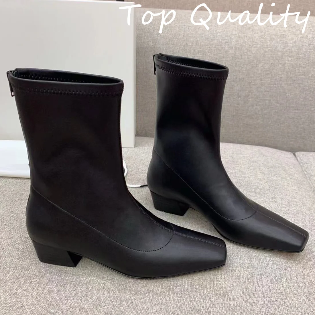 2024 Women's Genuine Leather Single Shoe Square root Solid Color  Women Flat Bottomed English Style Chelsea Boots Top Quality