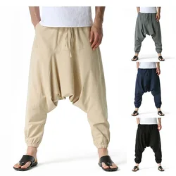 Mężczyźni Bawełniane i lniane spodnie Harem Spodnie Baggy Casual Oversize Luźne joggery Spodnie z szerokimi nogawkami Spodnie do jogi Spodnie z kroczem Hip Hop