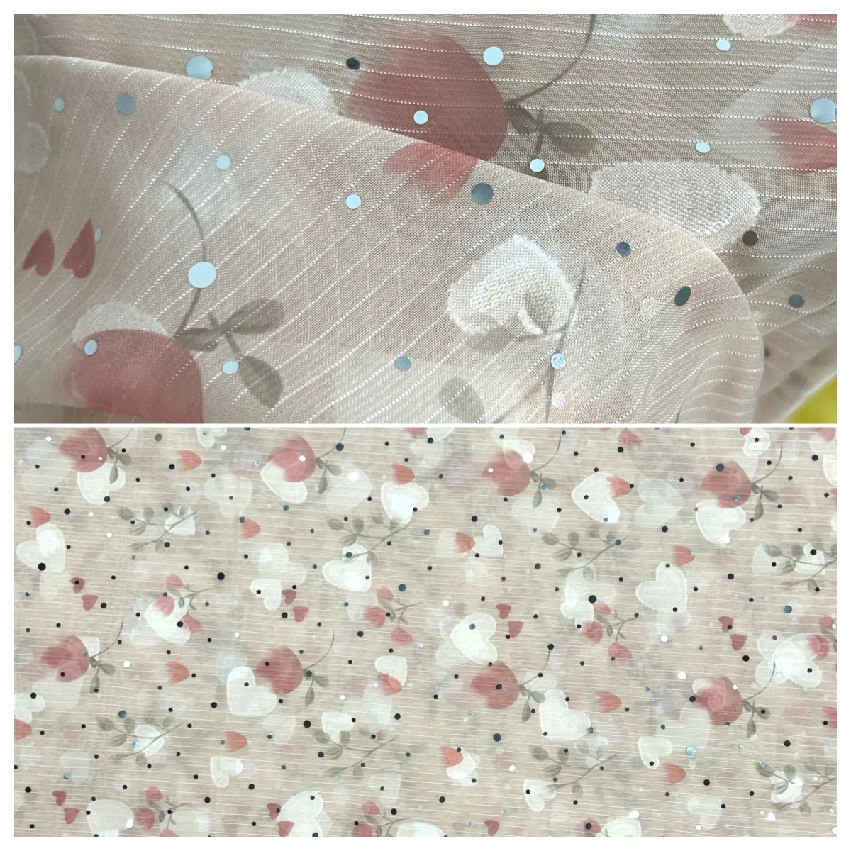 

Сладкая розовая, бежевая сетчатая ткань с принтом блесток, белое сердце, розовое фруктовое зеленое лист, дизайн, романтическое платье, украшение для вечеринки, одежда «сделай сам»