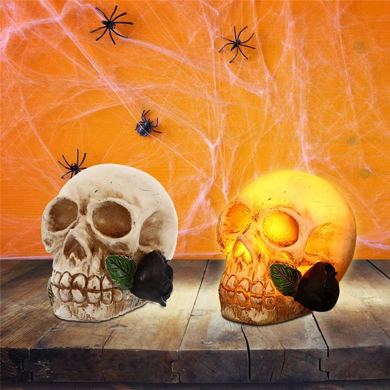 Home Decor Halloween Skull Statue Light LED Day of Dead Flower Skull Figurine Night Light Resin Horror Skull Prop C