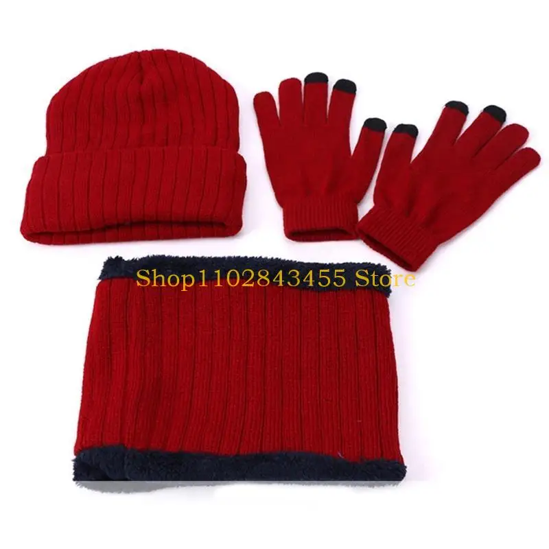 49MC للجنسين 3 قطع شتوية مبطنة بالقطيفة قبعة صغيرة وشاح دائري مجموعة قفازات شاشة اللمس