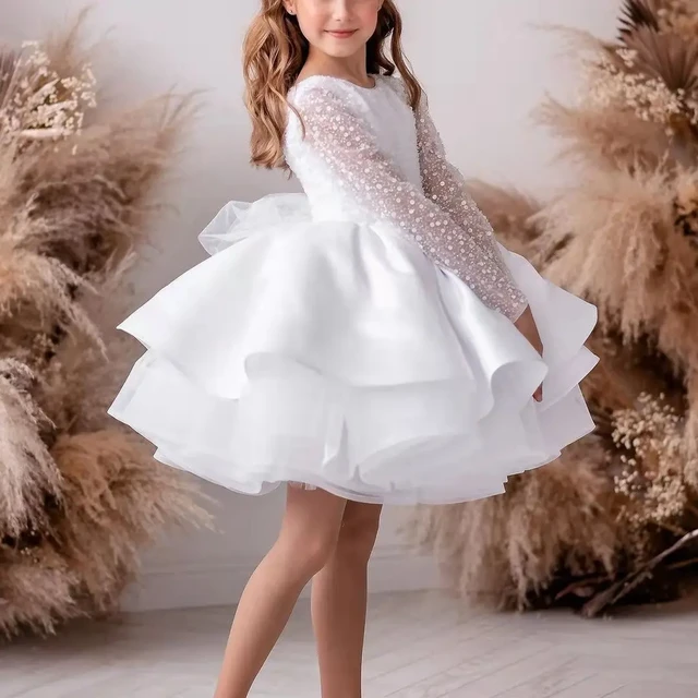 Vestido Blanco Con Lazo Para Nina Vestidos Hinchados Para Nina Cuello Alto Vestido De Comunion Con Lazo Hasta La Rodilla Vestidos Para Nina Con Flores Vestidos De Fiesta Para Ninas AliExpress