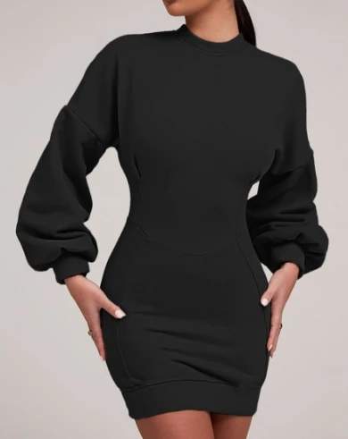 Elegant Dress 2024 Woman Autumn Solid Color Casual Slim Fit Loose Long Sleeve Pullover Bodycon Dress Sexy Hip Hugging Mini Skirt