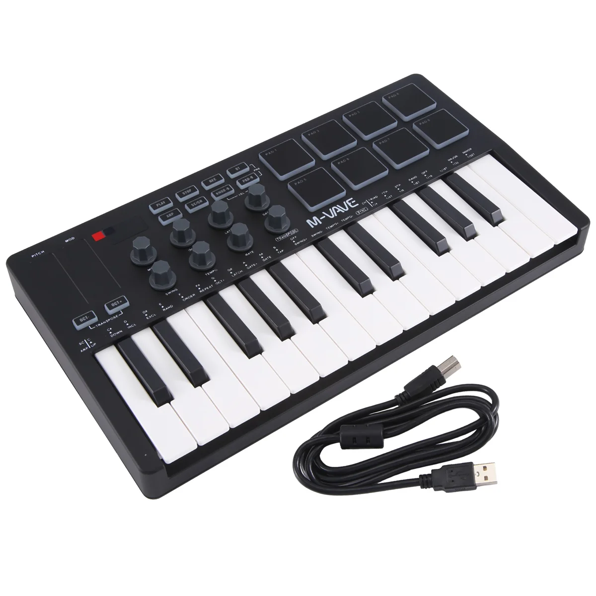 AT53 MIDI Controlador de teclado MIDI USB de 25 teclas Teclado arreglador portátil Rgb Pad Teclado controlador USB Midi Negro + Blanco