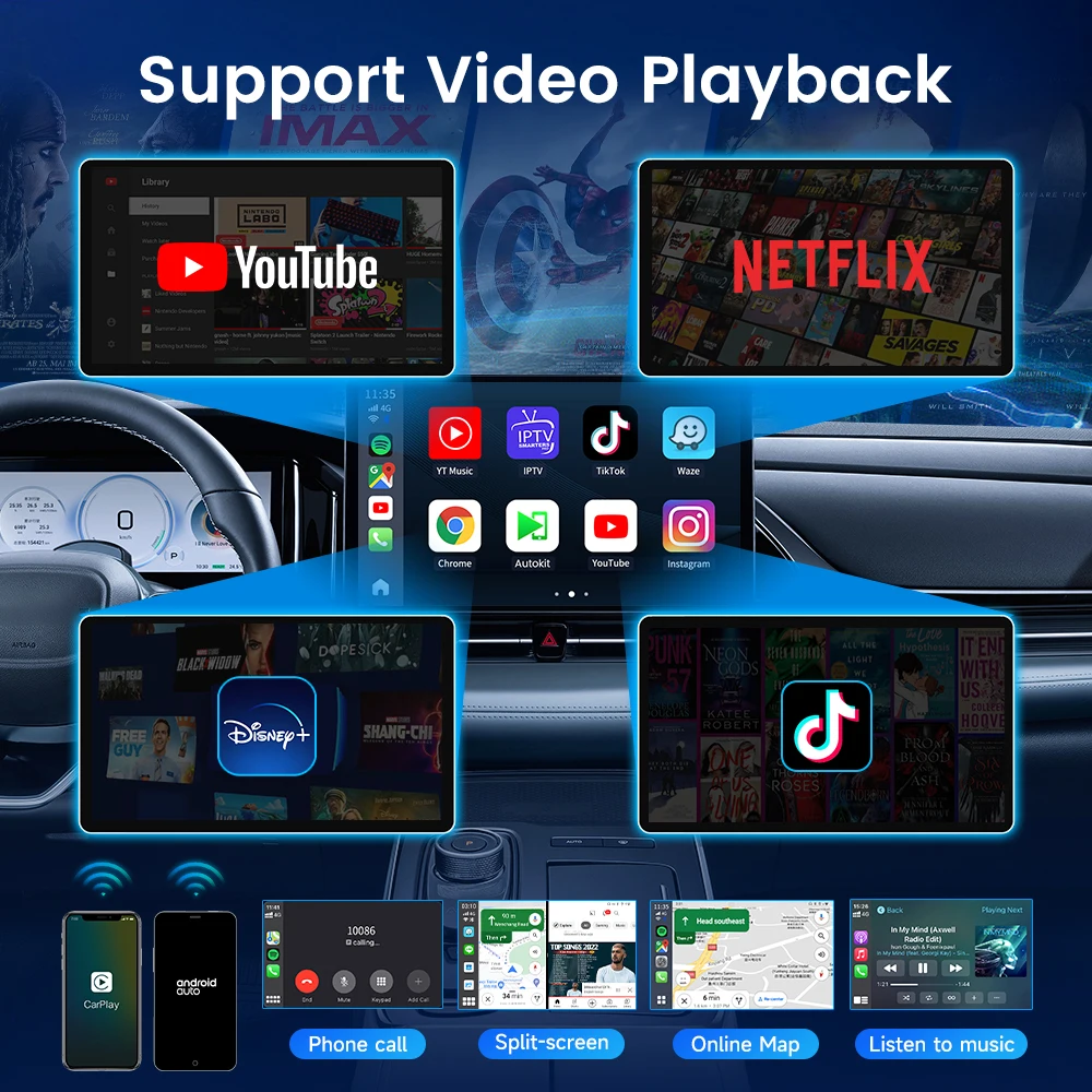 CarinKit Android 13 Carplay Ai Box Ambient 8 Core Wireless Android Auto Adattatore 3 in 1 Streaming Video Supporta Scheda SD da 512 GB