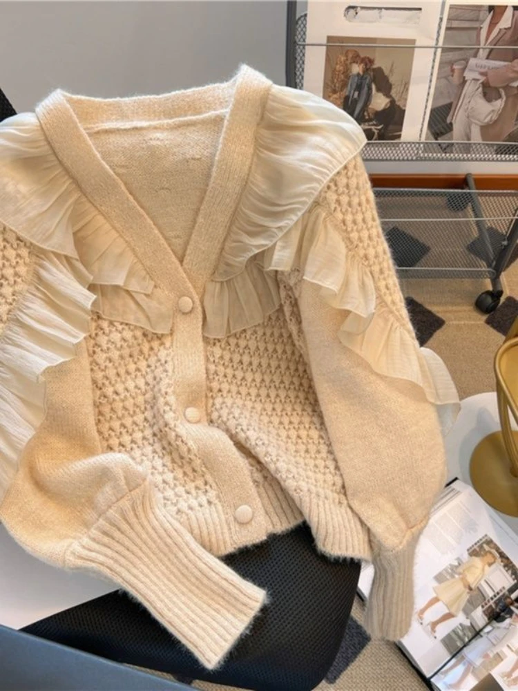 Patchwork Cardigan for Women Voile Ruffles Fashion Sweet All-match Thicker Simple Leisure Female Korean Style Knitted Sweaters