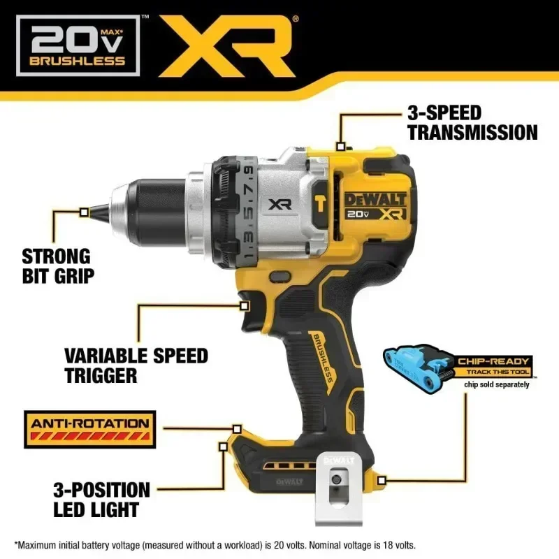 DEWALT DCD1007 Brushless Cordless 1/2in. 3-Speed Hammer Drill 20V Lithium Power Tools 2250RPM 169NM