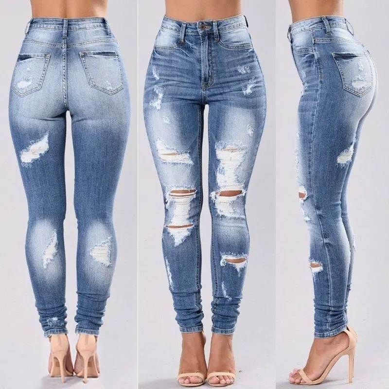 Woman's Trousers Good Quality Spring Denim Hole Buttons Fashion High Waist Ladies Trousers Cheap Sale Dropshipping WYMM216