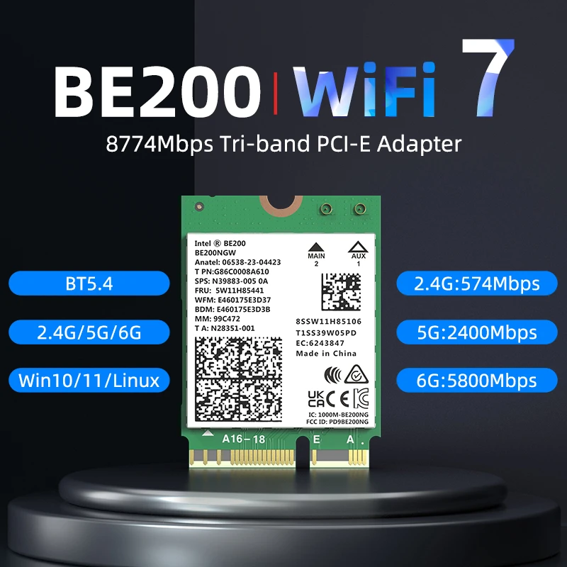 Wi-Fi 7/6, сетевая карта Intel BE200, Bluetooth 5,4, трехдиапазонная, 2G/5G/6 ГГц, 8774 Мбит/с, BE200NGW, Intel AX210NGW, M.2, NGFF, Wlan, Wi-Fi, 6 адаптеров