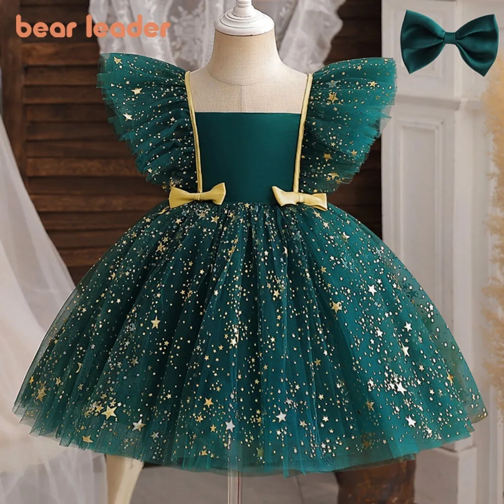 

Bear Leader, новинка 2025, зеленые рождественские платья для девочек, сетчатое праздничное платье принцессы с бантом и блестками, детская одежда на день рождения