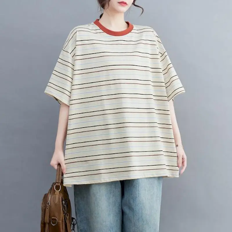 98% Cotton T Shirts Women Fashion Striped Design T-shirt Korean Loose Short Sleeve Oversized Tops Summer Trend Thin Tshirt Y2k