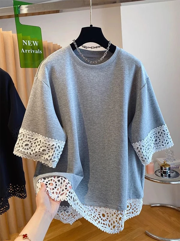

Женская футболка с кружевной отделкой, повседневная, свободного кроя, с коротким рукавом, в корейском стиле, для работы, модная, летняя коллекция, одна штука