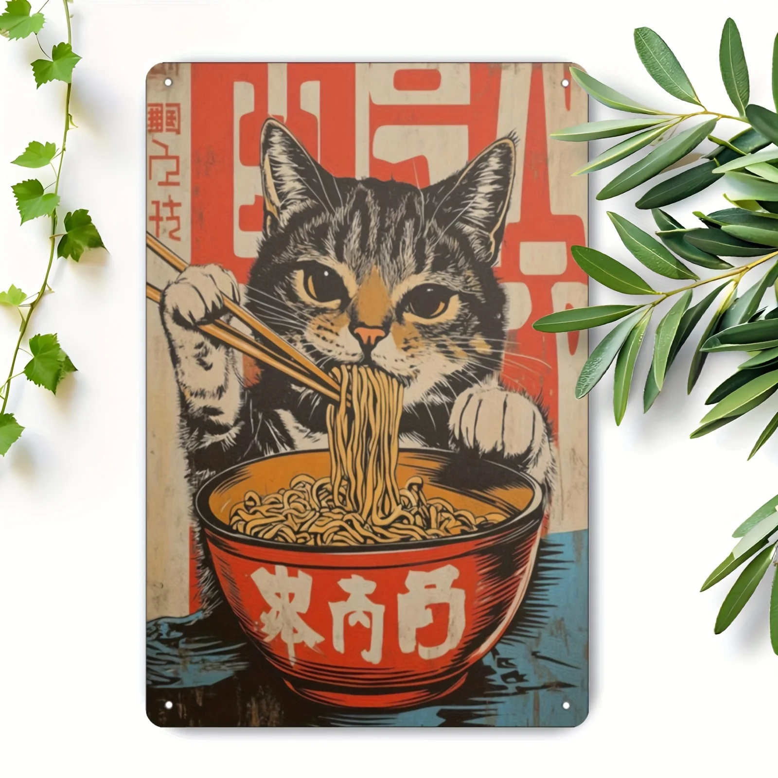of Vintage Tin Sign Featuring a Quirky Black Cat Enjoying Ramen, Perfect As a Retro And Humorous Animal Food Art Print. This Uni