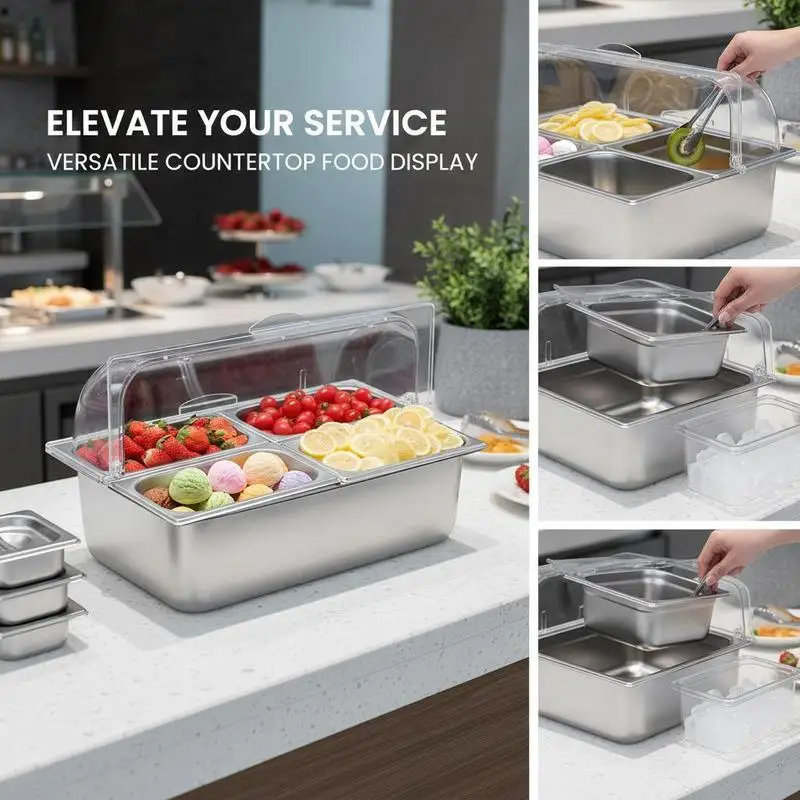 Tabletop Condiment Server 13x13x13 Inch For Buffet Catering Cafeteria, 4 Compartment Tray Transparent Cover 3 Ice Packs Removable Inserts Organization Storage Food Grade Material Clear View Design Kitchen Accessory