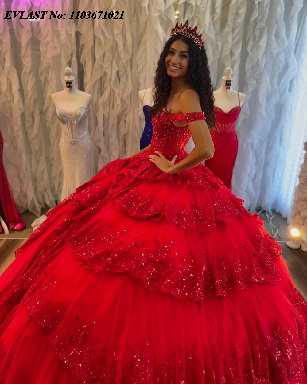 EVLAST urocza czerwona sukienka na quinceanera suknia balowa błyszcząca koronkowa aplikacja frezowanie wielowarstwowy gorset Sweet 16 Vestidos De 15 Anos SQ744