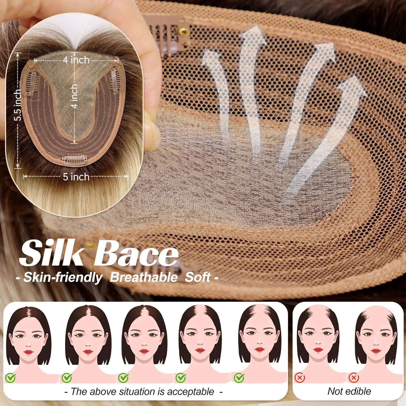 Brown Blonde Highlights Human Hair Toppers 5x5.5inch Silk Base Hair Pieces 14 inch Real Toppers with 3Clips for Women Hair Loss