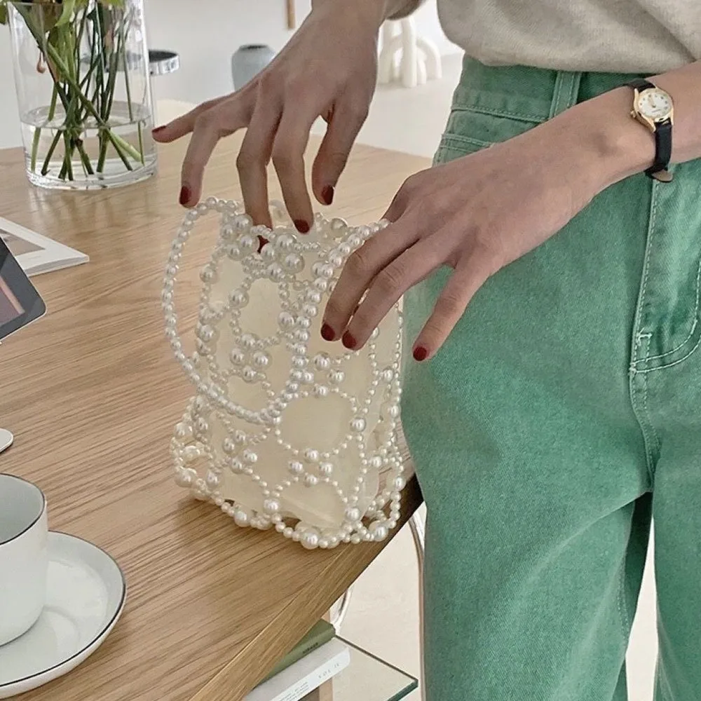 

Fashion Luxury Pearl Beaded Bag Hollow Out with Inner Bag Woven Bead underarm Bag Bohemia Handmade Small Phone Pouch Travel