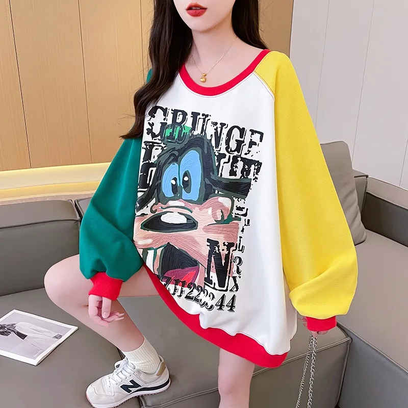 

2024 Autumn New American Retro Graffiti Loose Contrasting Color Printed Casual Versatile Crew Neck Chic Sweatshirt