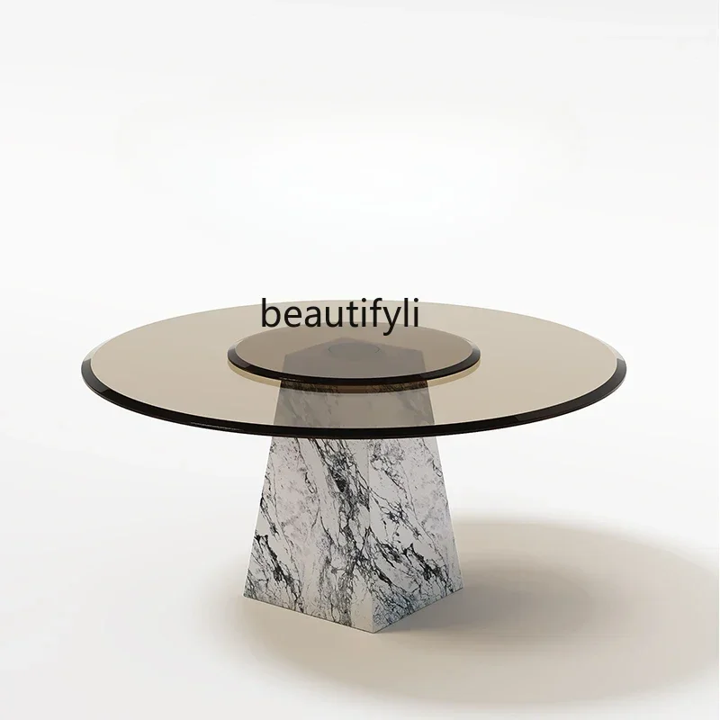 182Q Italian Minimalist Tempered Glass Dining Table High-End Luxury Stone Natural Marble round round Table Modern Household