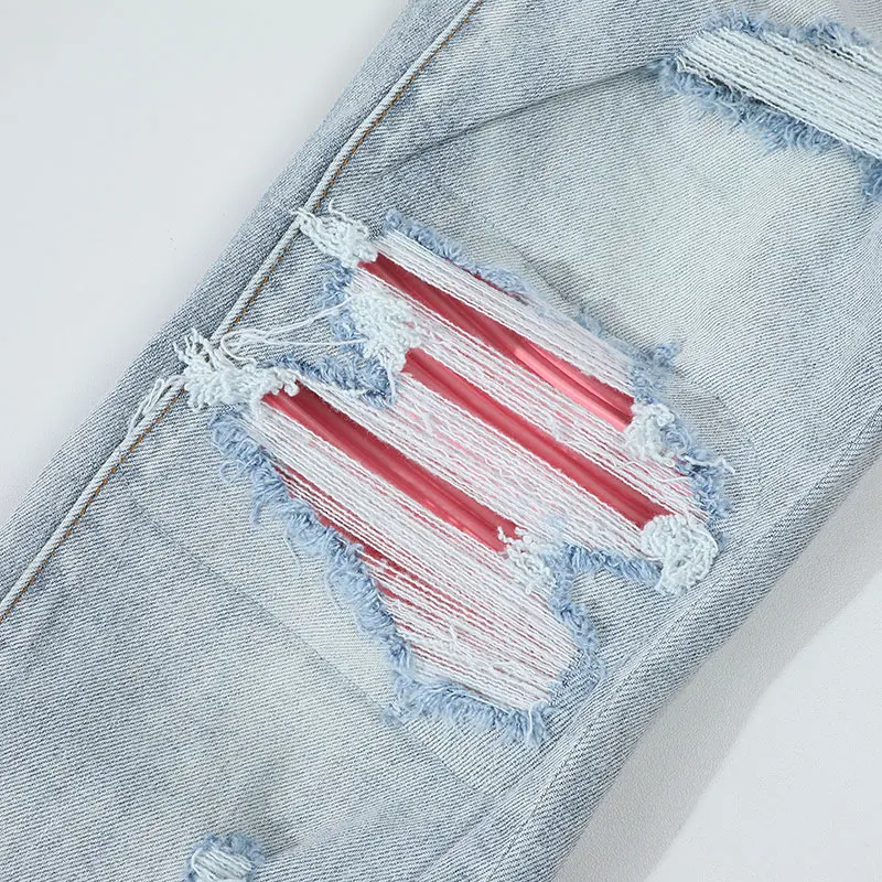 

Y2K fashionable new high-quality jeans stretch slim fit washed nostalgic perforated red patch men's light blue pants homb
