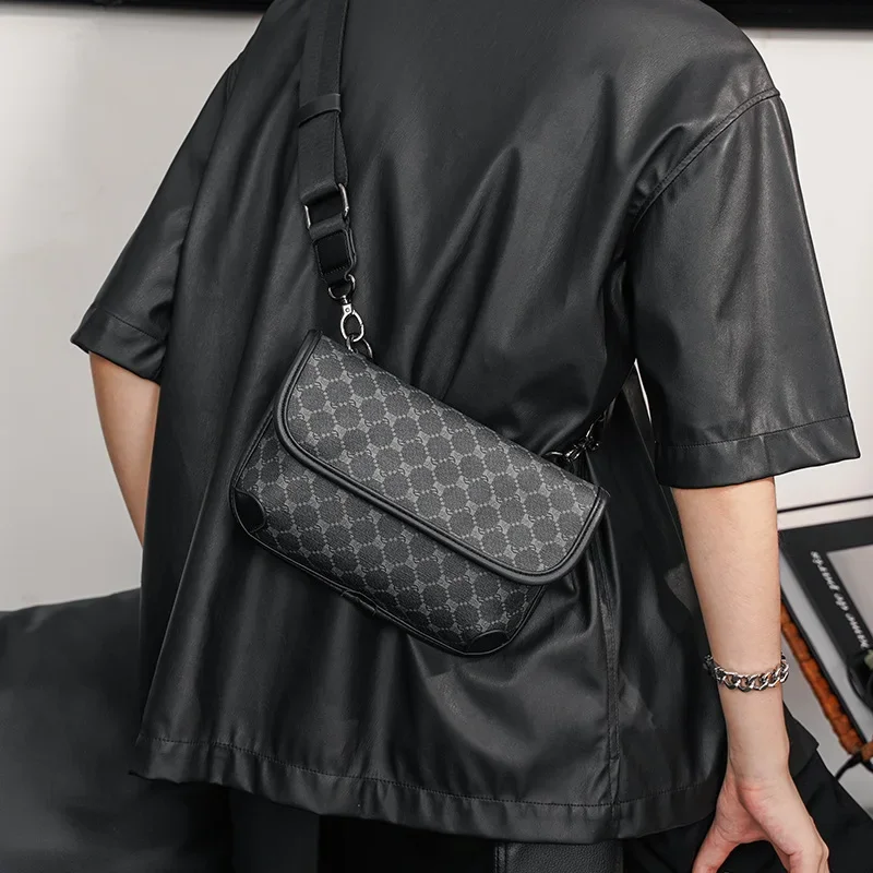 Fashion Plaid Shoulder Bag Men Crossbody Bag Brand Design PU Leather Business Square Messenger Bag Mobile Phone Bag Male Purses