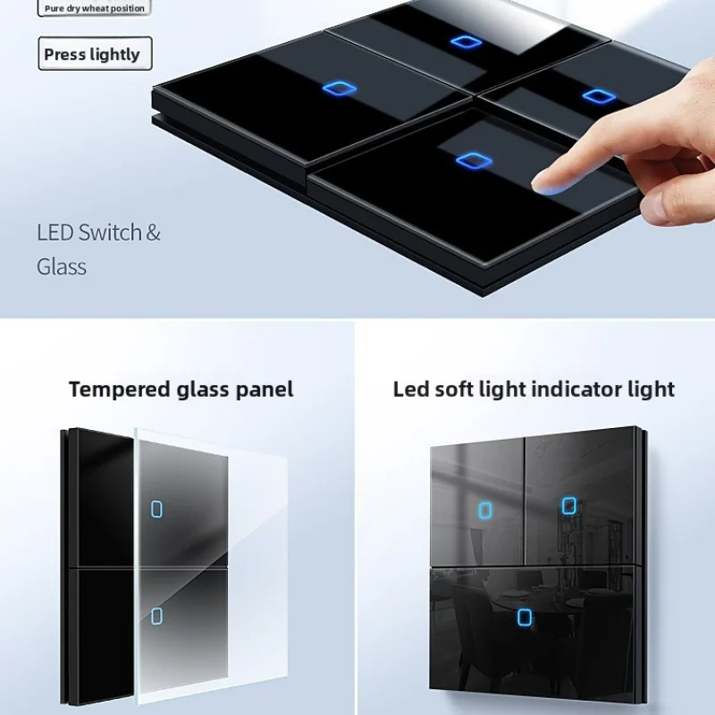 86 Type Black Concealed Tempered Glass Switch Panel For Household Use Single Open Dual Control Wall Switch Led Night Light