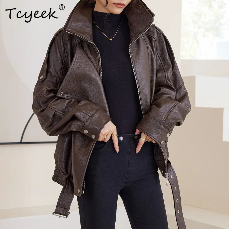 

Tcyeek Real Leather Jacket Women Motocycle Genuine Sheepskin Coat Woman Trendy Spring Autumn Clothes Waist Belt Jaqueta De Couro