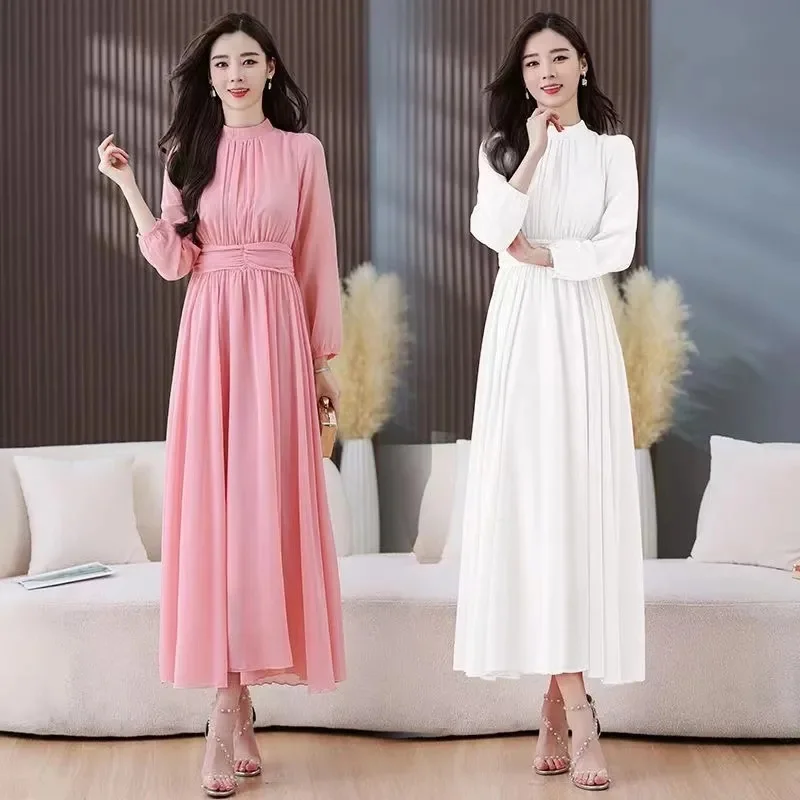 Elegantes Boho-Damenkleid mit O-Ausschnitt, schmaler elastischer Taille, A-Linie, Midikleid, Batswing, langärmelig, lässig, Urlaub, Büro, Damen-Vintage-Kleid