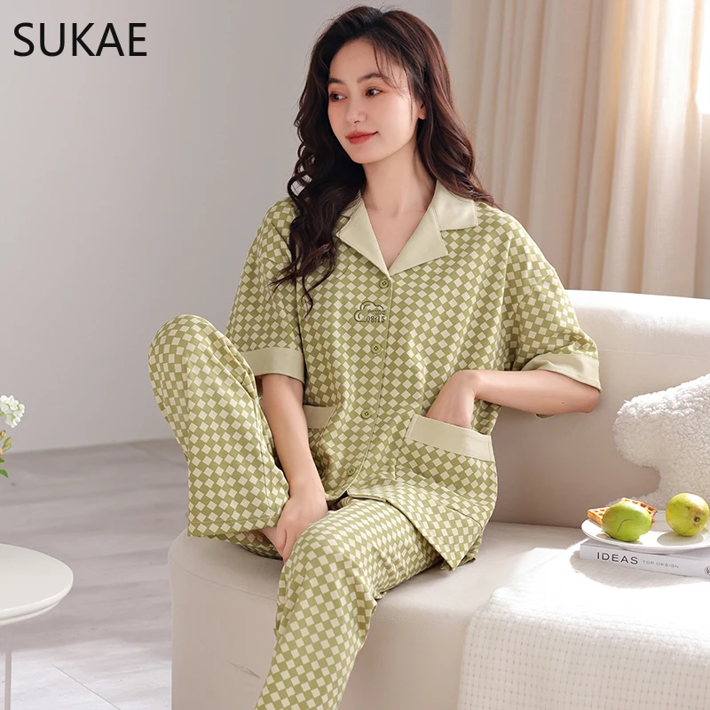 SUKAE M-4XL Summer Lady Pijama Women Clothing Underwear Short Sleeves Full Pants Cardigan Pajama Turn-down Cotton Sleepwear