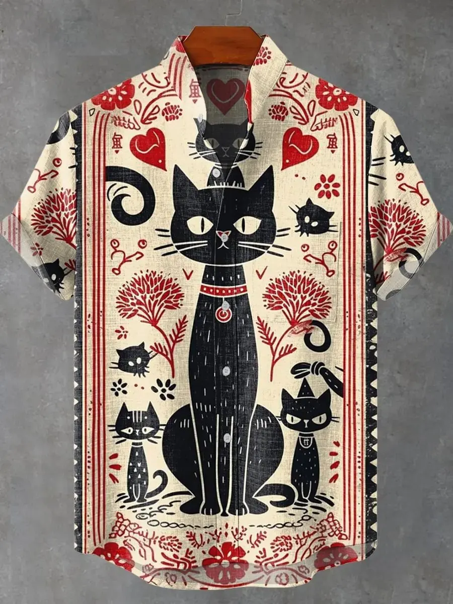 

2025 fashionable men's 3D printed cat design pattern men's button up collar comfortable and breathable casual plus size linen sh