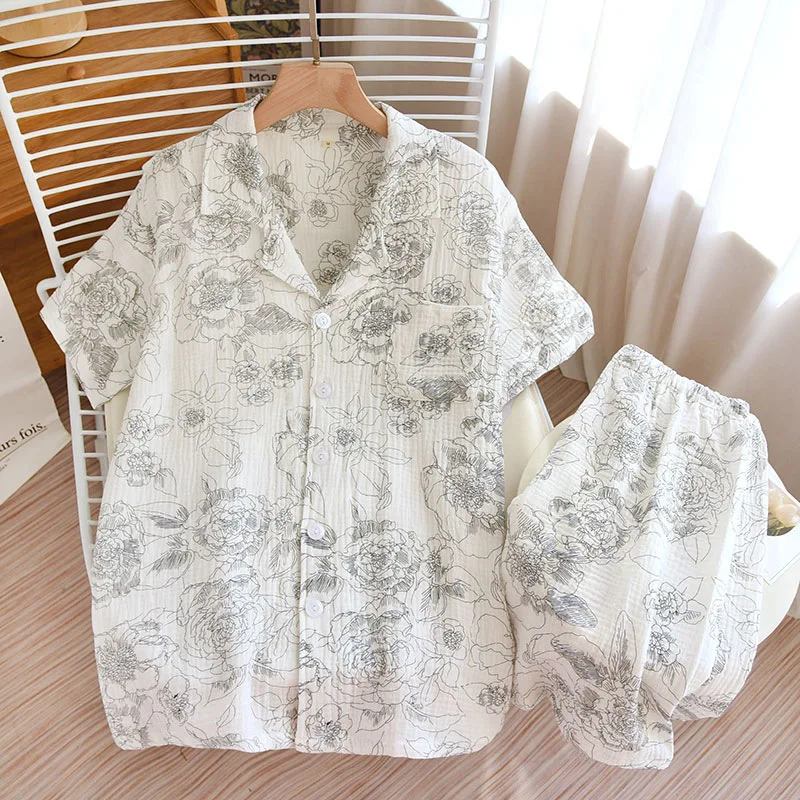 Printing Night Wears For Women Pure Cotton Pajamas Set New Lapel Shirt Shorts Suit Casual Vintage Sleepwear Female Pyjamas