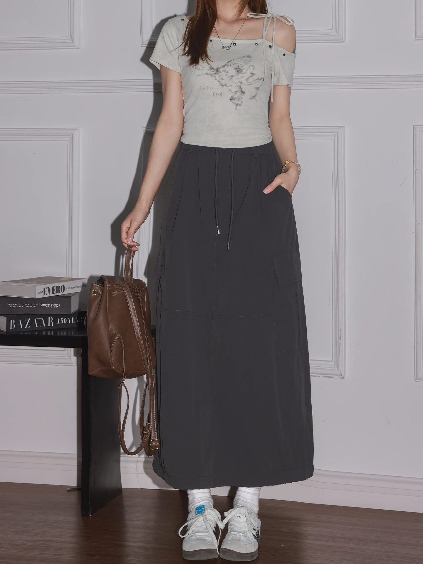 Casual High Waist A-Line  Skirt Women's Spring Summer Drawstring Pocket Slit Design Workwear Long Skirt Deep Grey