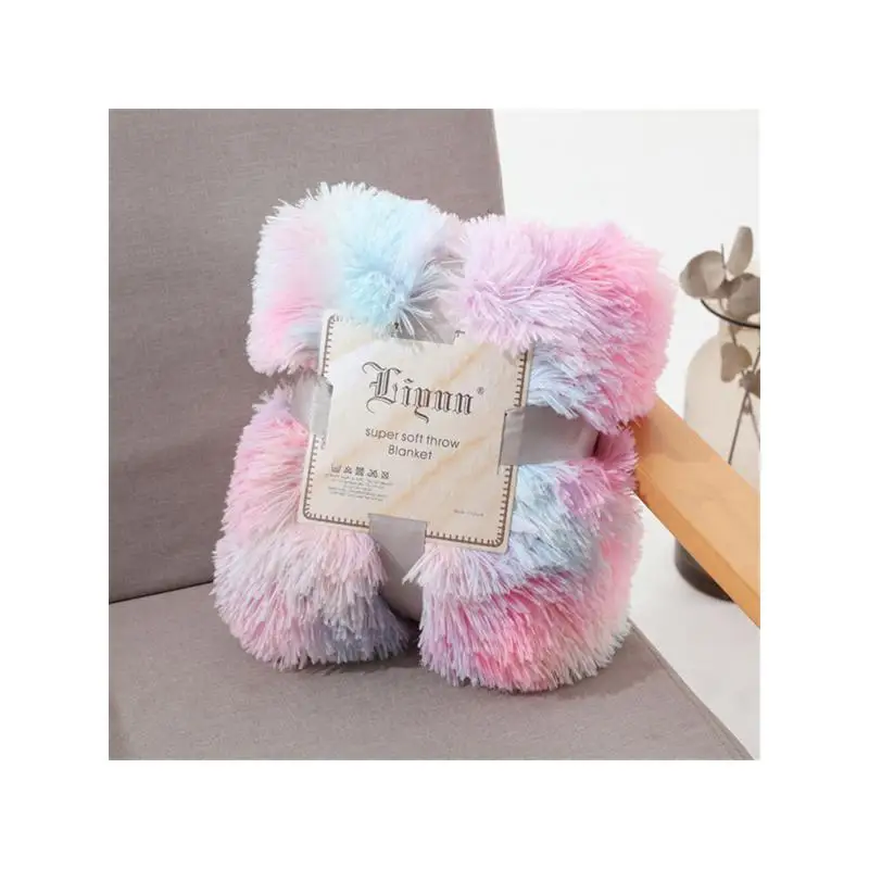 

Rainbow Faux Fur Throw Blanket 50" x 63" Soft Fluffy Tie Dye Long Shaggy Design for Home Use