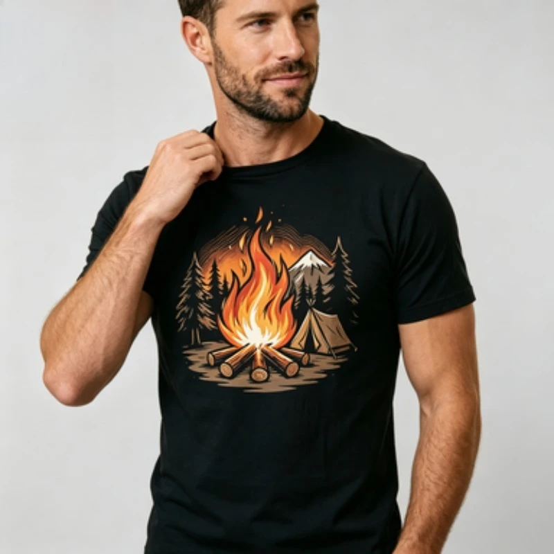 Men Crew Neck T‑Shirt Camping Bonfire Mountain Tent Graphic Print Short Sleeve Tee Outdoor Adventure Casual Streetwear Top