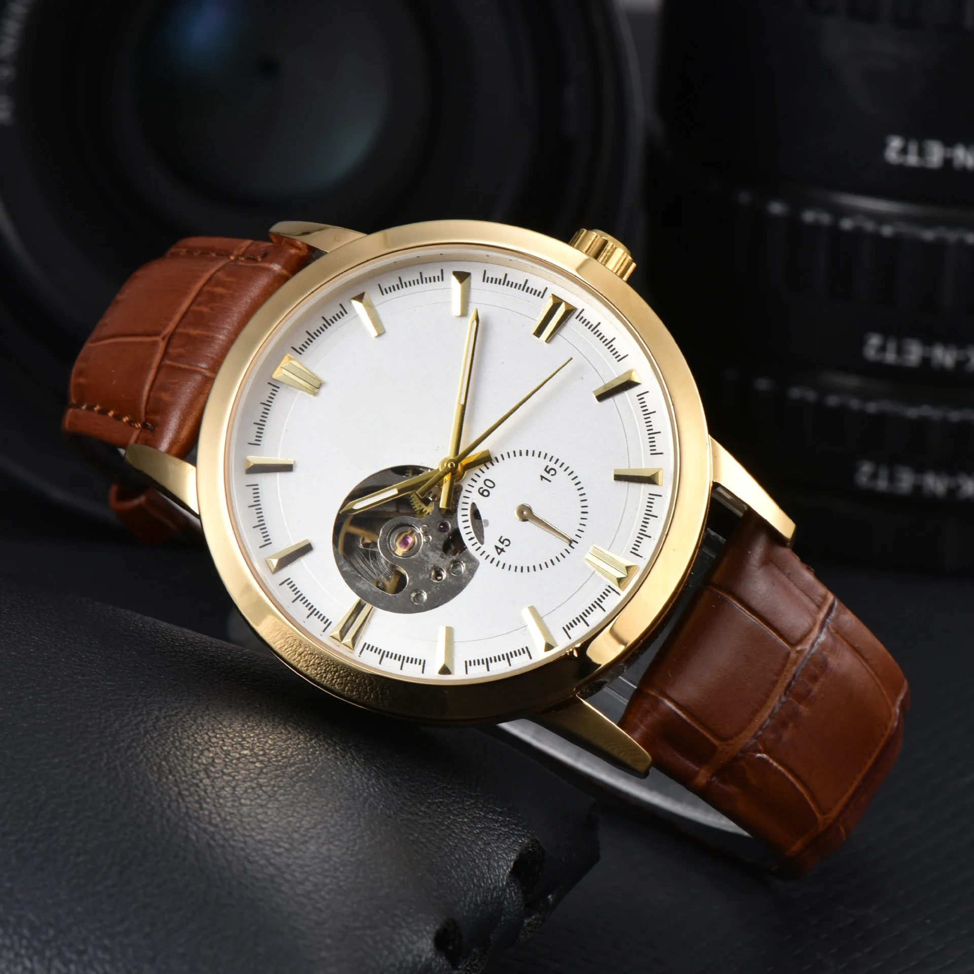 Stylish Cool Men's Business Rose Gold Watch, Brown Leather Strap, Transparent Case Back, Men's Automatic Mechanical Watch