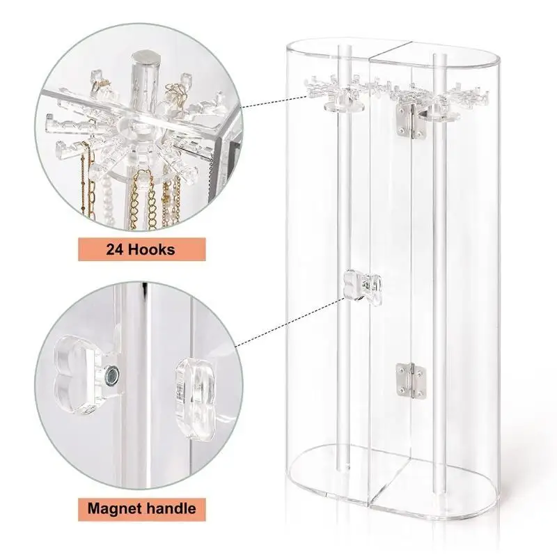 

P9FE Acrylic Necklace Display for Case Transparent 360° Rotation Hooks Environmentally Friendly Non Toxic Durabl