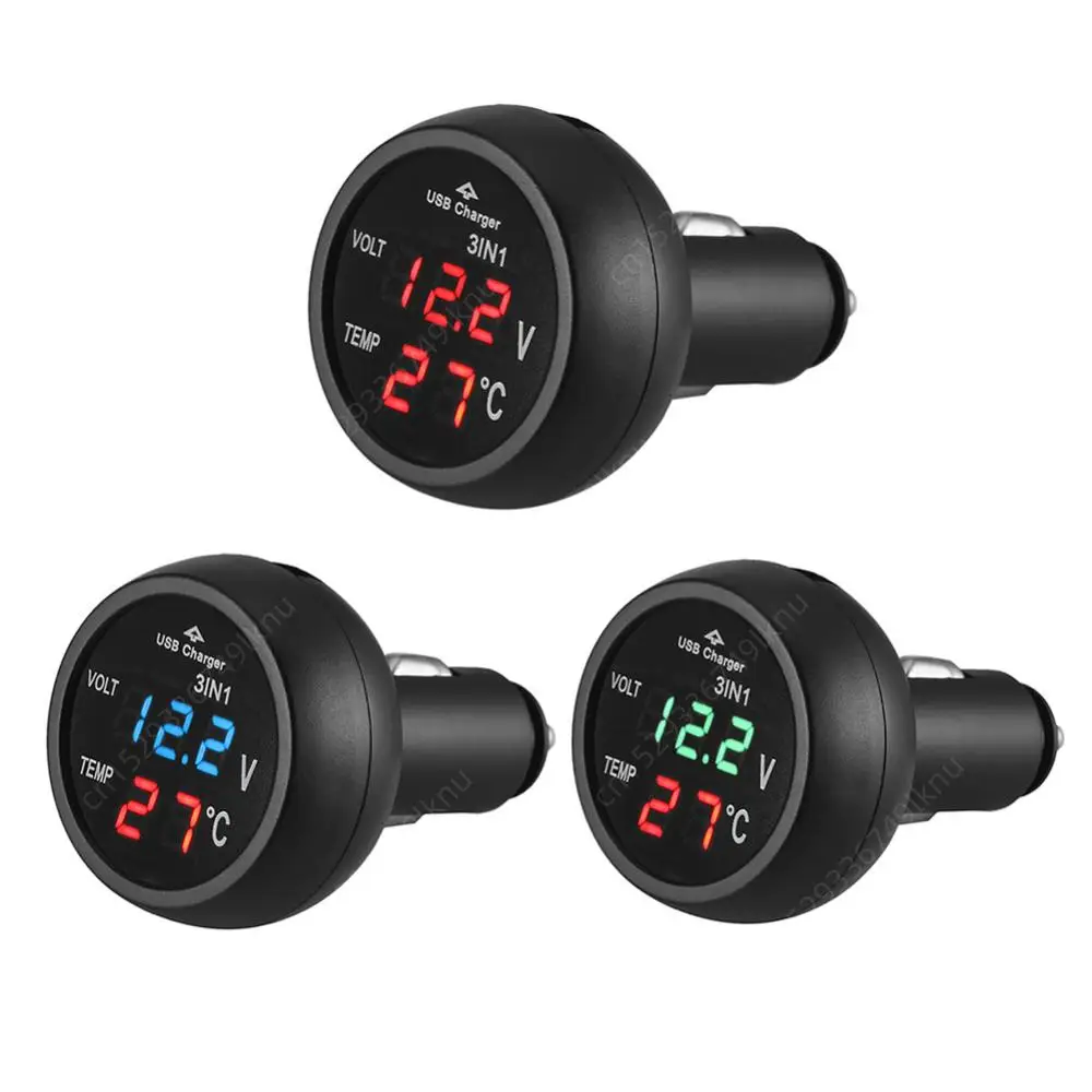 Car Charger 3in1 12/24V Voltmeter Thermometer USB Charger Switch Auto LED Digital Monitor Display Current Meter Volt Detector