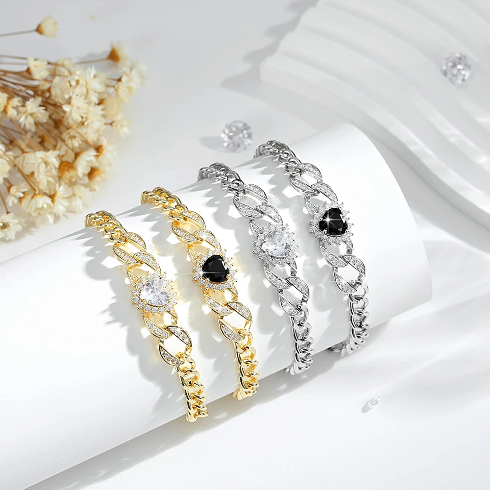 

Fashionable bracelet for women, inlaid with shiny heart-shaped zircons, exquisite 14K high-end design jewelry