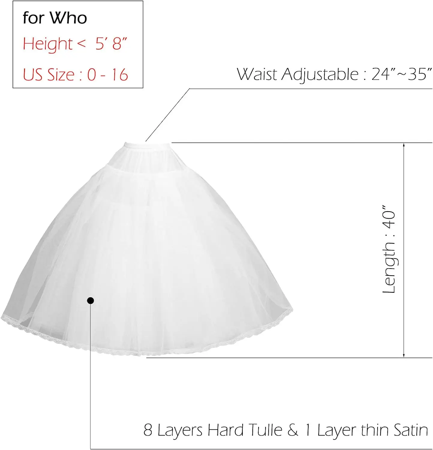 8 Schichten Tüll Hoopless Petticoat Krinoline Unterrock für Braut Brautkleider weiß