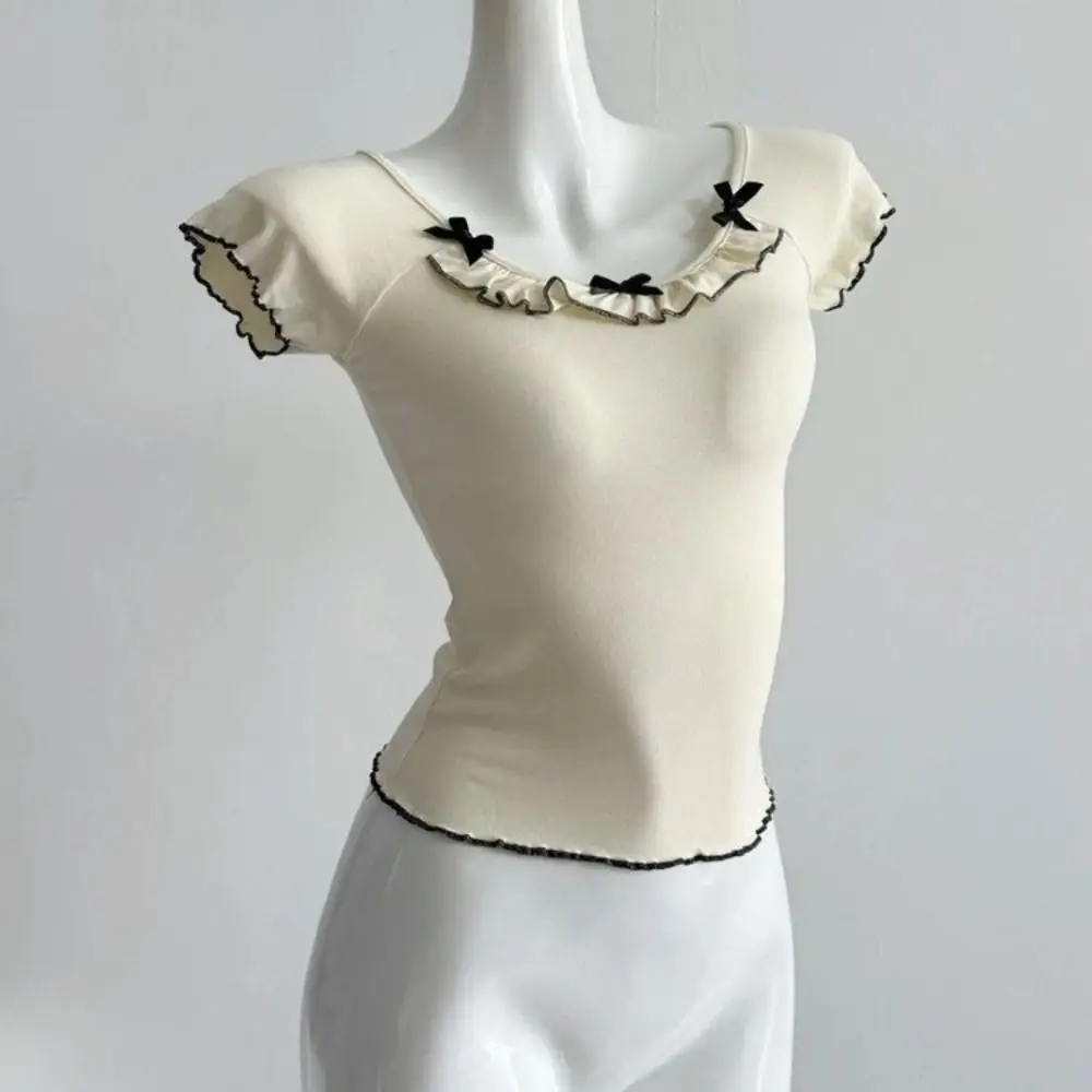 

Футболка с короткими рукавами и рюшами и бантом, U-образный вырез, шикарный тонкий укороченный топ Y2K, пуловер, уличная футболка с накладками на грудь, женская