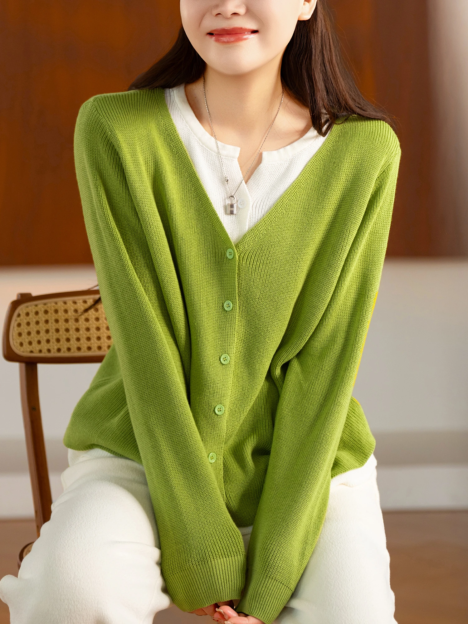 Comfortable Cotton Blend Knitted Open Cardigan by Little Ear Production Multi-Thread Yarn V-Neck Fake Two-Piece Design Color ...