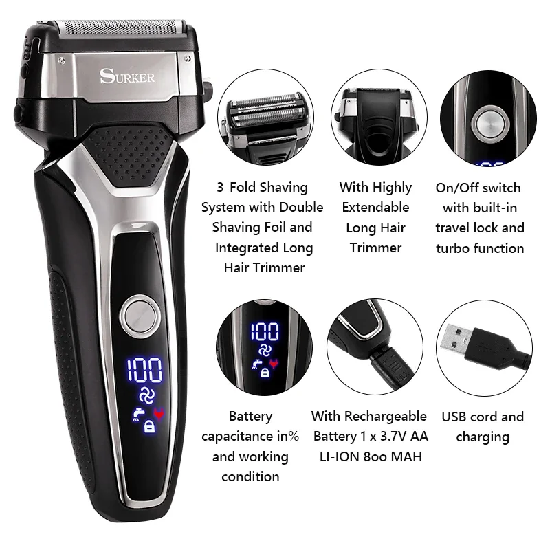 USB Rechargeable Electric Shaver Stainless Steel Shaving Machine Men 3D Triple Floating Blade Razor Shaver Barber Trimmer