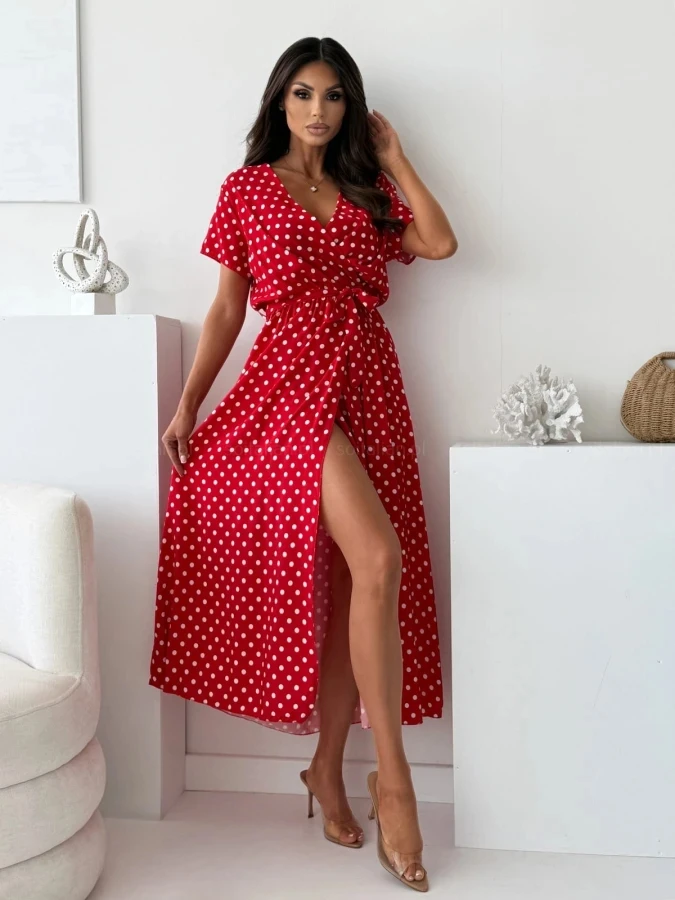 Vestidos para Mujer, Nuevo Vestido de Verano con Cordones, Manga Corta, Cuello en V, Vestido Ajustado con Estampado de Puntos, Vestido Línea A, Vestidos de Verano para Mujer