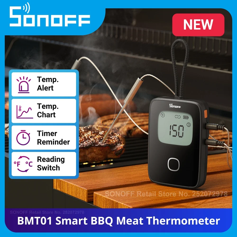 SONOFF BMT01 Smart BBQ Meat Thermometer Wireless Grill Thermometer with App Alerts Real-Time Temperature Chart & Cooking Timer