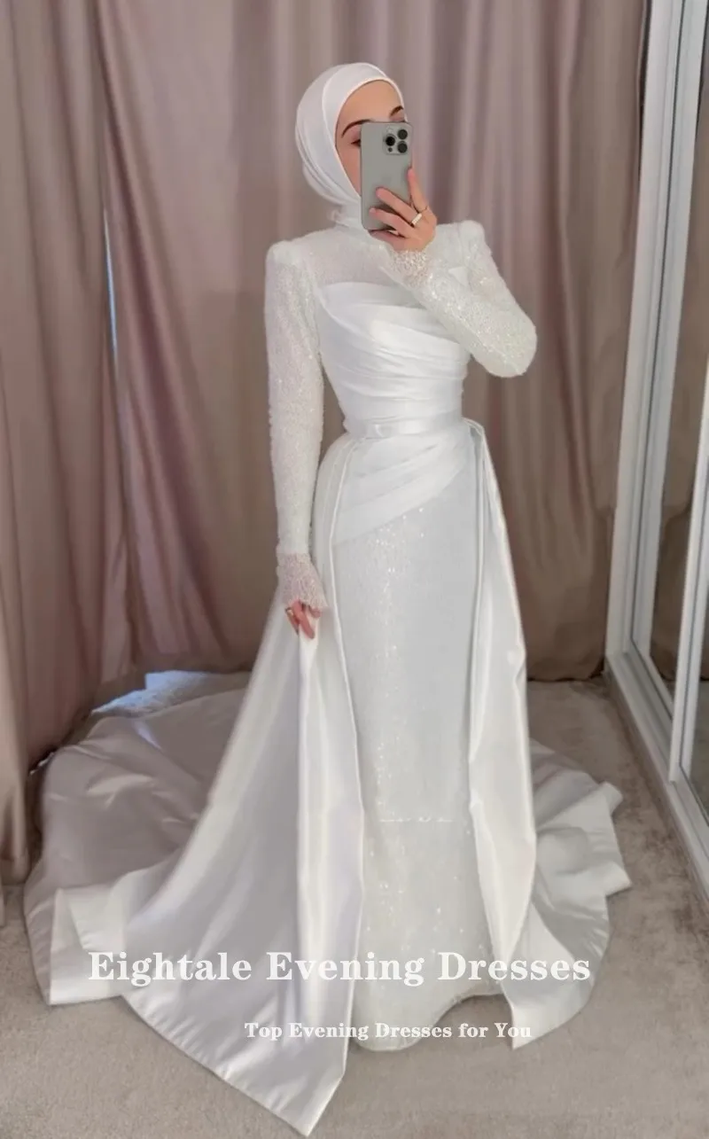 Robes de mariée arabes de quatre-quarts personnalisées paillettes manches longues sirène robe de mariée en Satin ivoire avec jupe détachable