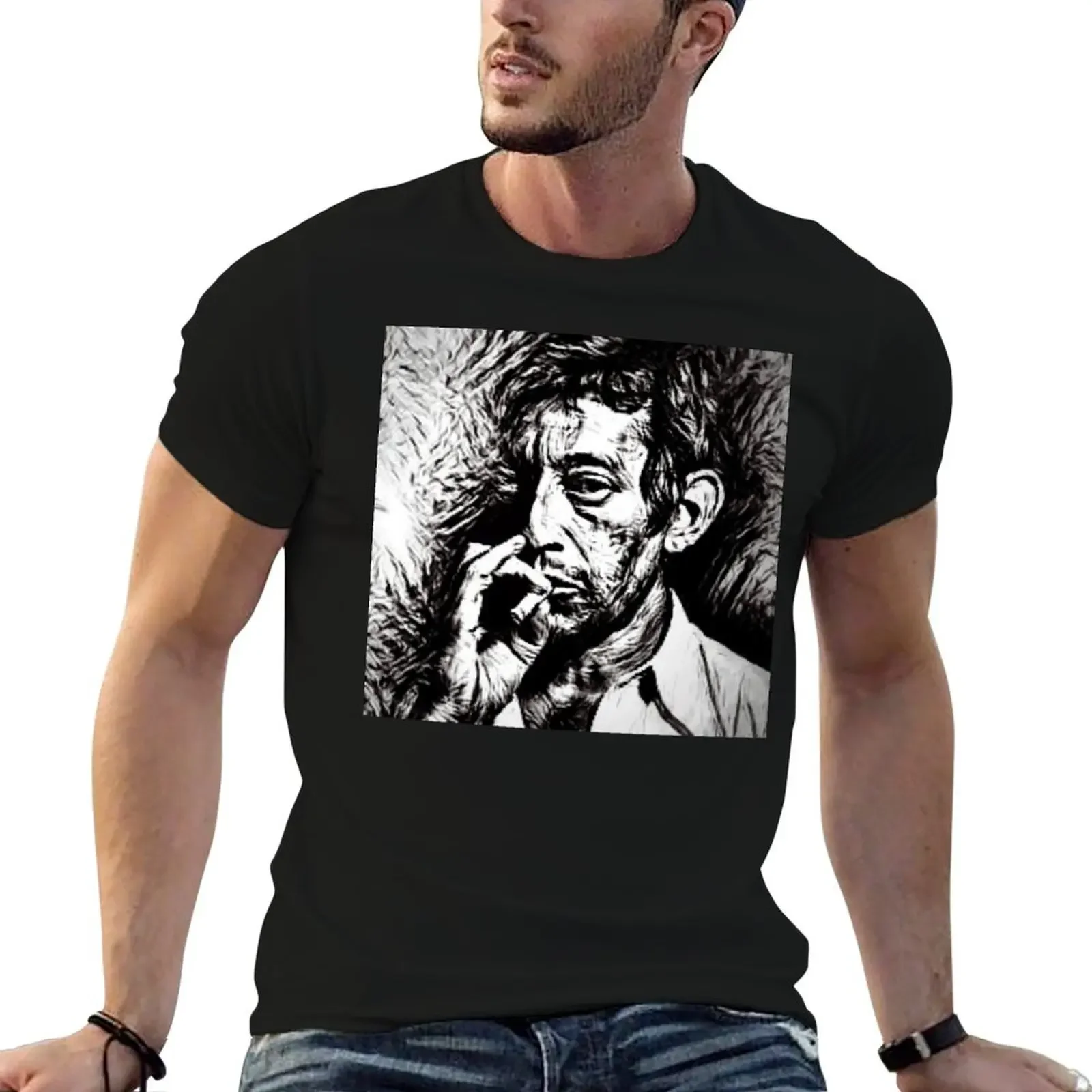 Serge Gainsbourg blacks ne white drawing T-Shirt cute tops korean fashion big and tall t shirts for men