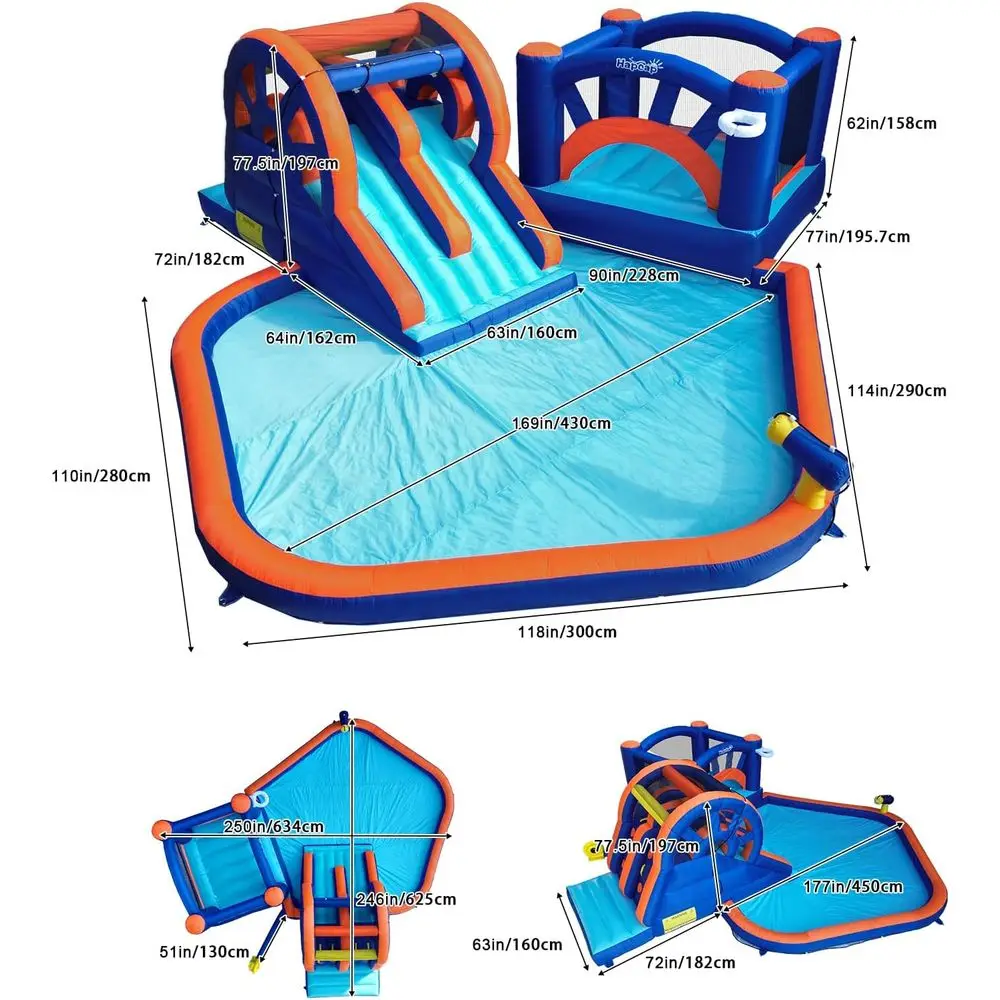 شرائح مائية قابلة للاستخدام في الفناء الخلفي للأطفال، منزل بارك مائي مع حوض سباحة كبير، جدار تسلق، منفاخ هواء