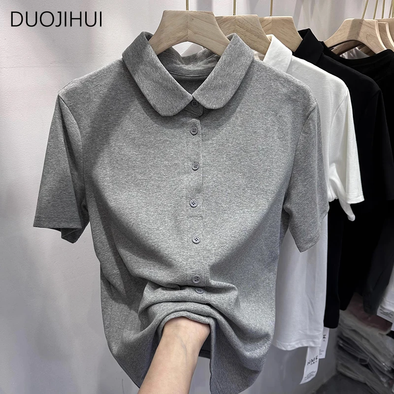 

DUOJIHUI Grey Basic Polo Neck Knitting Slim Female T-shirts Summer Chicly Button Fashion Solid Color Casual M-2XL Women T-shirts